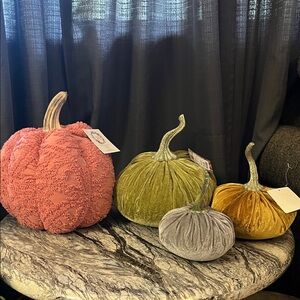 Set of Velvet and Chenille Pumpkins in Pink, Green, Gray, and Gold